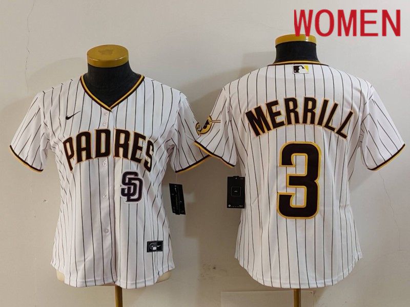 Women San Diego Padres #3 Merrill White stripe Nike Game 2024 MLB Jersey style 7262->youth mlb jersey->Youth Jersey